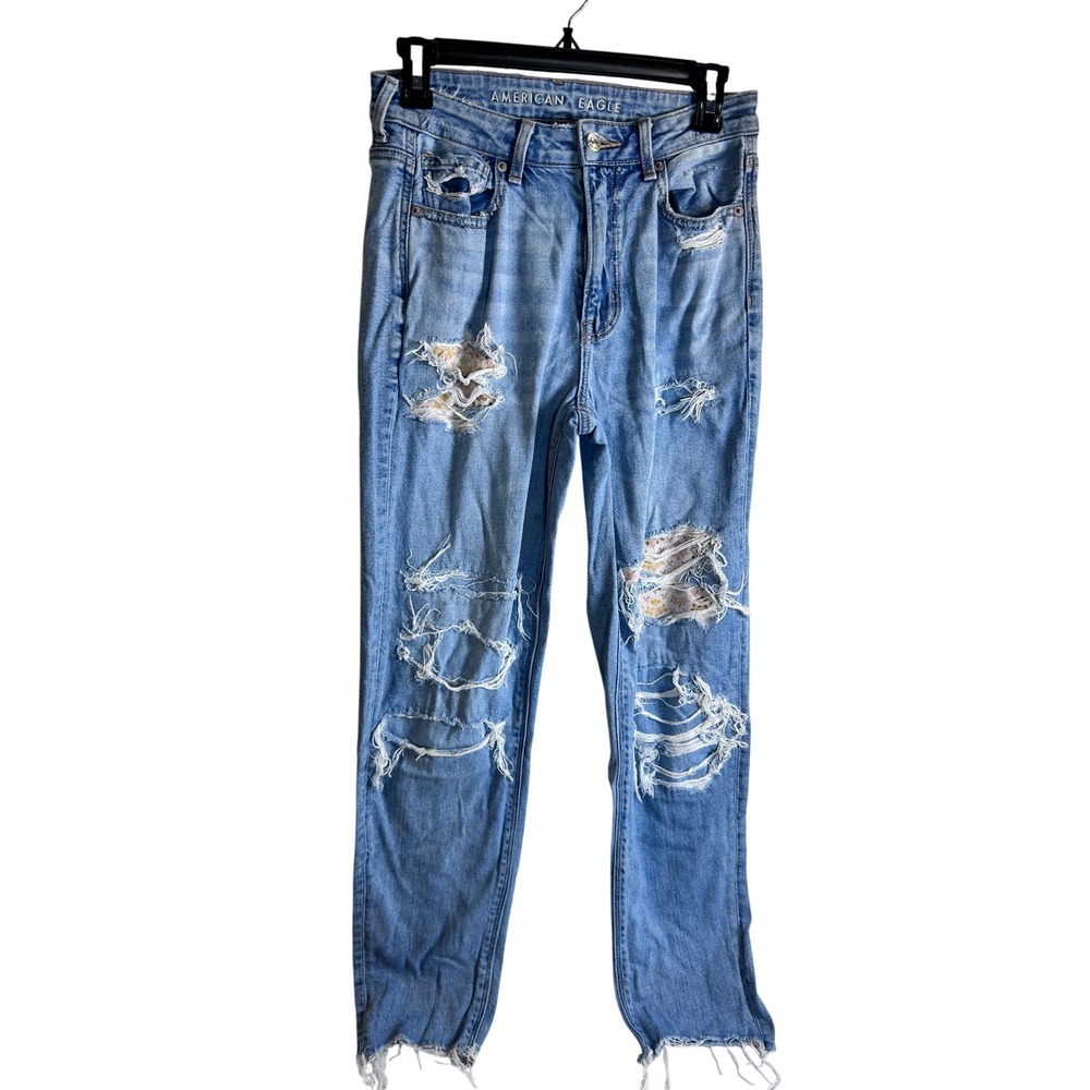 American Eagle Mom Straight Jean 4 Long Blue Distressed Floral Patch Womens